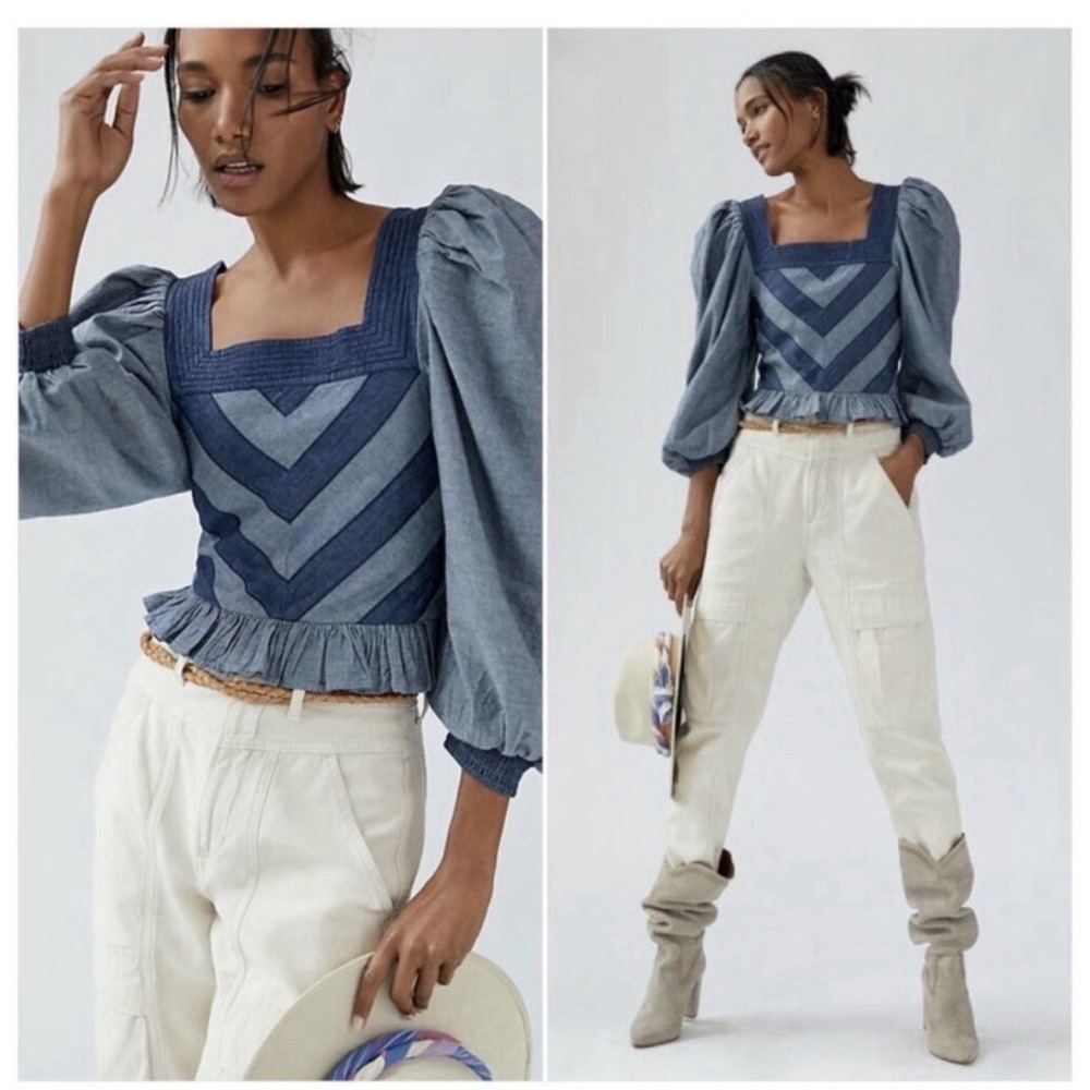Anthropologie x Love the Label Smocked Puff-Sleeve‎ Blouse Top S Denim Blue Boho